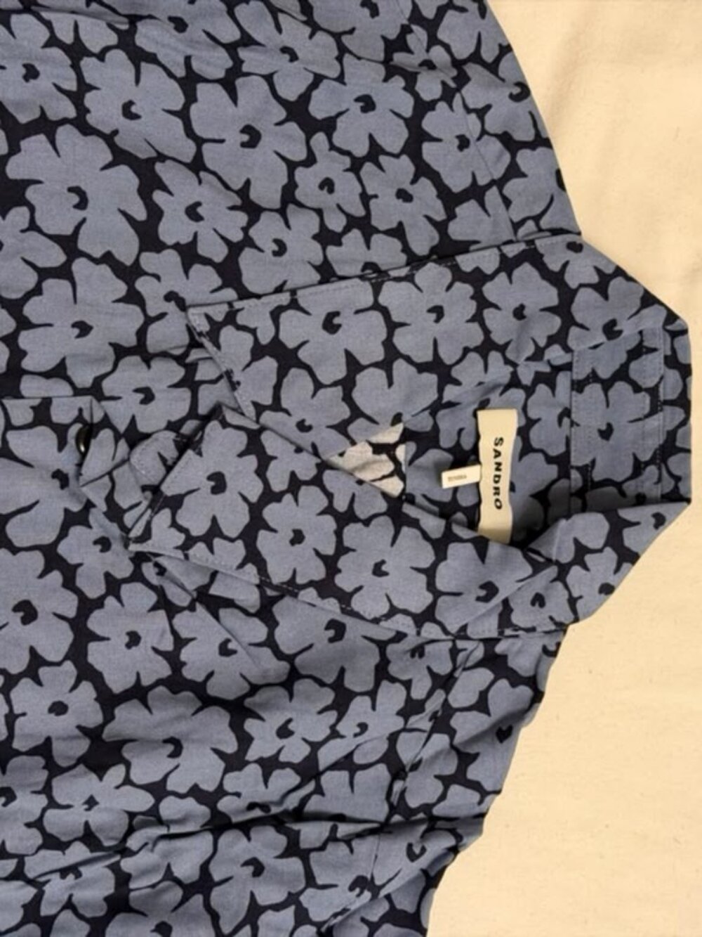 Sandro Camp Collar Button Shirt Navy Blue Floral Print